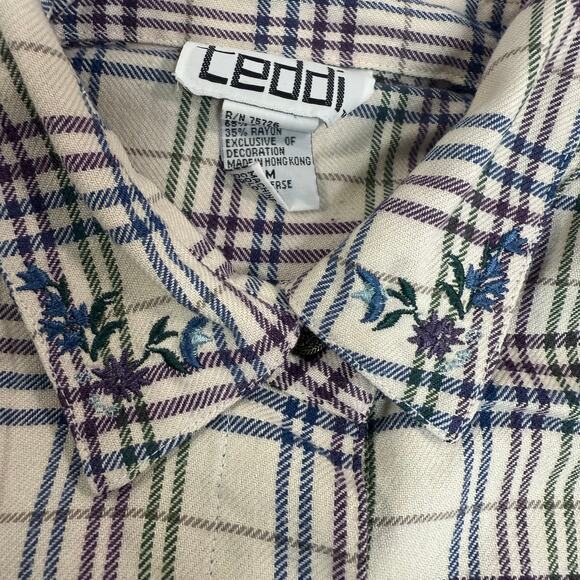 Y2K Teddi Plaid Flannel Button Shirt Women’s M Roll Tab Embroidered Collar - Picture 4 of 8
